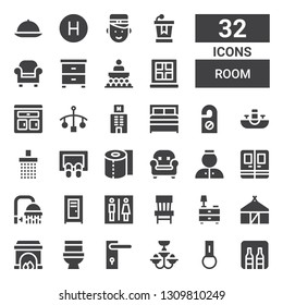 room icon set. Collection of 32 filled room icons included Minibar, Key chain, Chandelier, Door handle, Toilet, Fireplace, Hut, Nightstand, Chair, Locker, Shower, Door, Bellhop