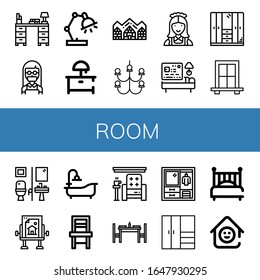 room icon set. Collection of Desk, Maid, Desk lamp, Night stand, Hotel de glace, Chandelier, Hotel, Wardrobe, Window, Restroom, Drawing table, Bathtub, Chair, Armchair, Dinning table icons