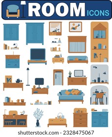 Room icon set. home furniture,  
 appiliance, decoration. Editable stroke. Outline icon collection. Vector illustration