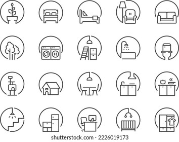 Room icon set. The icons included bedroom, bathroom, living  room, toilet, kitchen, and more. - Shutterstock ID 2226019173