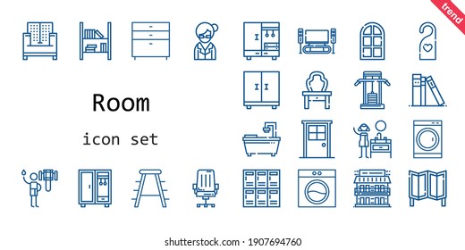 Room Icon Set. Line Icon Style. Room Related Icons Such As Washing Machine, Gym Station, Door, Shower, Stool, Sofa, Bookshelf, Sink, Room Divider, Chair, Closet, Librarian, Lockers, Motel, Doorknob