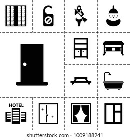 Room icons. set of 13 editable filled room icons such as door, window, maid, wardrobe, office desk, table, hotel, shower, plane seats