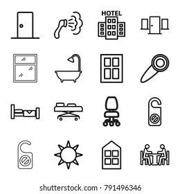 Room icons. set of 16 editable outline room icons such as bed, window, do not disturb, shower, hospital stretch, meeting, door, door knob, hotel