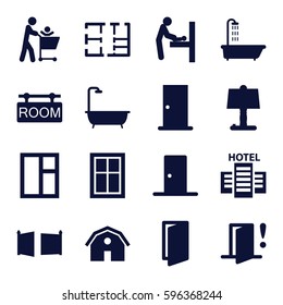 room icons set. Set of 16 room filled icons such as shower, barn, door, window, plan, gate, door warning, hotel, table lamp