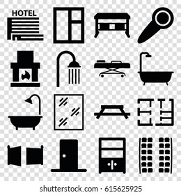 Room Icons Set. Set Of 16 Room Filled Icons Such As Plane Seats, Window, Shower, Hospital Stretch, Cupboard, Plan, Door, Gate, Door Knob, Hotel, Office Desk, Table