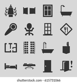 Room icons set. set of 16 room filled icons such as bed, shower, plane seats, door, window, office room, hospital stretch, meeting, plan, restaurant, gate, door warning