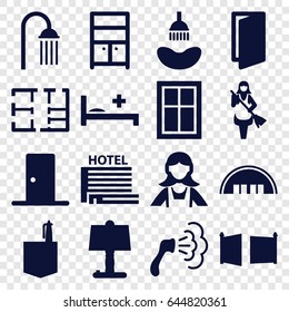 Room Icons Set. Set Of 16 Room Filled Icons Such As Barn, Window, Shower, Door, Maid, Wardrobe, Office Room, Medical Bed, Plan, Gate, Hotel