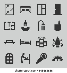 Room Icons Set. Set Of 16 Room Filled Icons Such As Bed, Window, Barn, Door, Shower, Meeting, Plan, Door Knob, Hotel, Office Desk