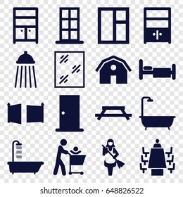 Room icons set. set of 16 room filled icons such as shower, barn, door, window, maid, wardrobe, bed, meeting, cupboard, gate, table