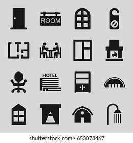 Room Icons Set. Set Of 16 Room Filled Icons Such As Window, Barn, Door, Do Not Disturb, Shower, Meeting, Cupboard, Room Tag, Plan, Hotel, Office Chair