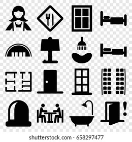 Room Icons Set. Set Of 16 Room Filled Icons Such As Bed, Plane Seats, Barn, Door, Window, Shower, Maid, Meeting, Plan, Restaurant, Door Warning, Table Lamp