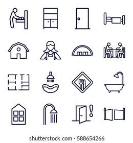 Room Icons Set. Set Of 16 Room Outline Icons Such As Baby Changing Room, Barn, Door, Window, Shower, Maid, Wardrobe, Bed, Meeting, Plan, Restaurant, Gate