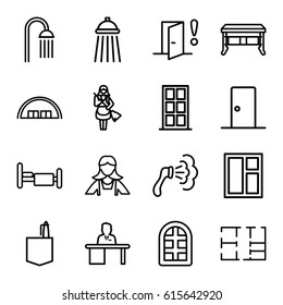 Room Icons Set. Set Of 16 Room Outline Icons Such As Window, Barn, Door, Shower, Maid, Office Room, Bed, Man Working At The Table, Plan, Door Warning