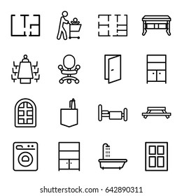 Room icons set. set of 16 room outline icons such as shower, window, door, wardrobe, office room, bed, meeting, cupboard, washing machine, plan, office desk, office chair