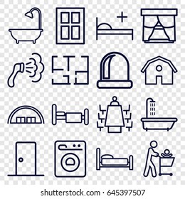 Room icons set. set of 16 room outline icons such as shower, barn, window, bed, medical bed, meeting, washing machine, plan, door, father with not in shopping cart