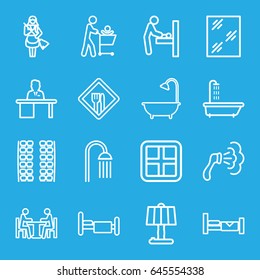 Room icons set. set of 16 room outline icons such as baby changing room, bed, shower, plane seats, window, maid, man working at the table, meeting, restaurant, table lamp