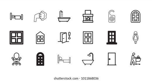 Room icons. set of 18 editable outline room icons: shower, window, door, office chair, fireplace, father with not in shopping cart, bed, door warning, do not disturb