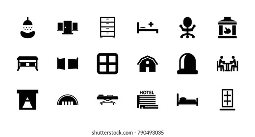 Room Icons. Set Of 18 Editable Filled Room Icons: Window, Barn, Office Desk, Office Chair, Bed, Medical Bed, Hospital Stretch, Opened Door, Meeting, Gate, Door, Hotel, Shower