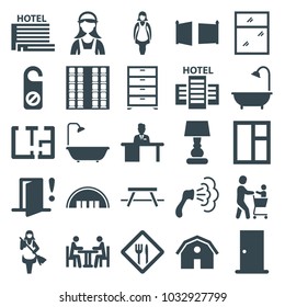 Room Icons. Set Of 25 Editable Filled Room Icons Such As Barn, Door, Do Not Disturb, Shower, Window, Maid, Man Working At The Table, Meeting, Plan, Restaurant, Gate