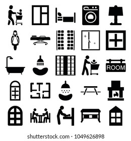 Room icons. set of 25 editable filled room icons such as plane seats, window, shower, office desk, fireplace, table lamp, father with not in shopping cart, hospital stretch