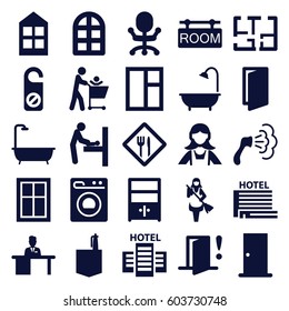 Room icons set. set of 25 room filled icons such as window, door, do not disturb, shower, maid, man working at the table, cupboard, washing machine, plan, restaurant