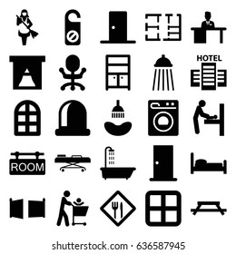 Room icons set. set of 25 room filled icons such as shower, window, door, do not disturb, maid, wardrobe, hospital stretch, man working at the table, washing machine, plan