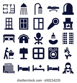 Room Icons Set. Set Of 25 Room Filled Icons Such As Bed, Plane Seats, Window, Barn, Door, Shower, Maid, Medical Bed, Hospital Stretch, Washing Machine, Plan, Door Knob, Hotel