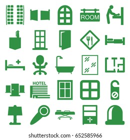 Room icons set. set of 25 room filled icons such as bed, plane seats, window, door, do not disturb, shower, medical bed, hospital stretch, cupboard, plan, restaurant, gate