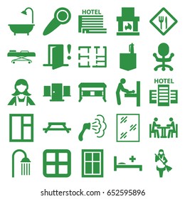 Room icons set. set of 25 room filled icons such as window, shower, maid, medical bed, hospital stretch, meeting, plan, restaurant, door warning, door knob, hotel, door