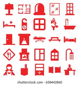 Room icons set. set of 25 room filled icons such as bed, shower, window, door, do not disturb, maid, office room, medical bed, hospital stretch, man working at the table