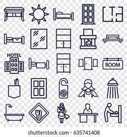 Room icons set. set of 25 room outline icons such as bed, door, window, do not disturb, shower, maid, wardrobe, man working at the table, cupboard, plan, restaurant, hotel