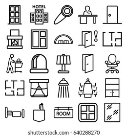 Room Icons Set. Set Of 25 Room Outline Icons Such As Window, Barn, Door, Bed, Man Working At The Table, Meeting, Cupboard, Shower, Plan, Door Warning, Hotel, Office Chair