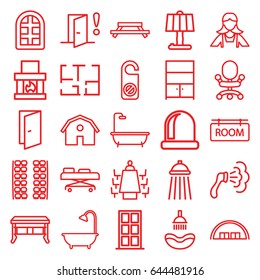Room icons set. set of 25 room outline icons such as plane seats, window, barn, door, shower, do not disturb, maid, hospital stretch, meeting, cupboard, room tag, plan