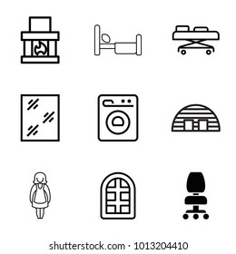 Room icons. set of 9 editable filled and outline room icons such as window, fireplace, hospital stretch, washing machine, office chair, barn, maid