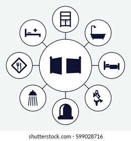 room icons set. Set of 9 room filled icons such as shower, maid, wardrobe, bed, medical bed, restaurant, gate
