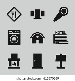 Room icons set. set of 9 room filled icons such as barn, door, washing machine, restaurant, door knob, hotel, fireplace