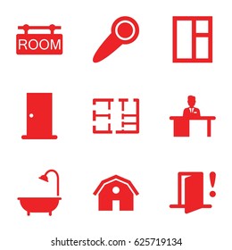 Room Icons Set. Set Of 9 Room Filled Icons Such As Barn, Door, Window, Shower, Man Working At The Table, Room Tag, Plan, Door Warning