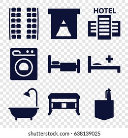 Room icons set. set of 9 room filled icons such as plane seats, office room, shower, bed, medical bed, washing machine, hotel, office desk
