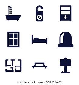 Room icons set. set of 9 room filled icons such as shower, window, do not disturb, cupboard, plan, table, table lamp, bed