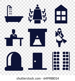 Room icons set. set of 9 room filled icons such as shower, plane seats, window, maid, man working at the table, meeting, door