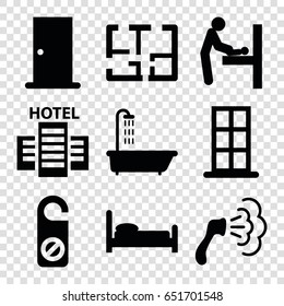 Room icons set. set of 9 room filled icons such as baby changing room, shower, door, do not disturb, plan, hotel