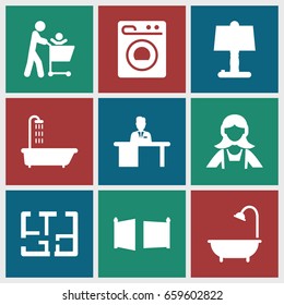 Room icons set. set of 9 room filled icons such as shower, maid, man working at the table, washing machine, plan, gate, table lamp