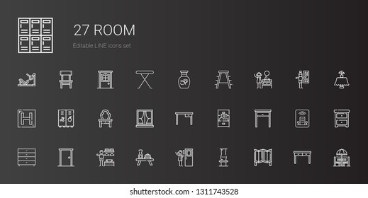 room icons set. Collection of room with room divider, vase, door, table, dressing chest of drawers, cabinet, window, dressing table, locker. Editable and scalable icons.
