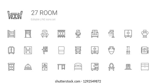 room icons set. Collection of room with dressing table, closet, bed, table, cabinet, reception bell, nightstand, vase, armchair, toilet paper. Editable and scalable room icons.