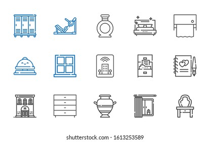 room icons set. Collection of room with dressing table, window, vase, chest of drawers, hotel, guests book, cabinet, reception bell, toilet paper. Editable and scalable room icons.