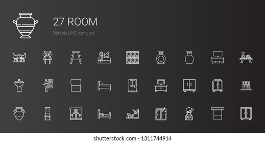 room icons set. Collection of room with librarian, window, gym station, bed, vase, closet, tv table, door, toilet paper, thermostat, sink, lockers. Editable and scalable room icons.