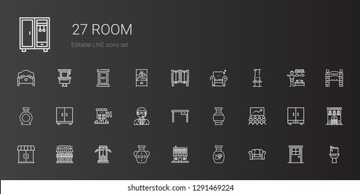 room icons set. Collection of room with sofa, vase, farm house, gym station, motel, entrances, class, table, doorman, hotel, closet, armchair. Editable and scalable room icons.