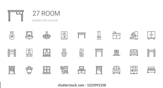 room icons set. Collection of room with sofa, door, tv table, russian banya, window, vase, locker, table, door hanger, hotel, entrance, chest of drawers. Editable and scalable room icons.