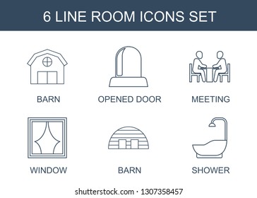 Room Icons. Trendy 6 Room Icons. Contain Icons Such As Barn, Opened Door, Meeting, Window, Shower. Room Icon For Web And Mobile.