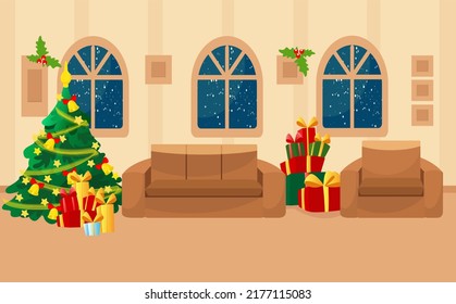 A room from the inside in a house decorated before Christmas. The room has windows, a brown sofa and armchair, a Christmas tree and gift boxes. The mood of comfort.